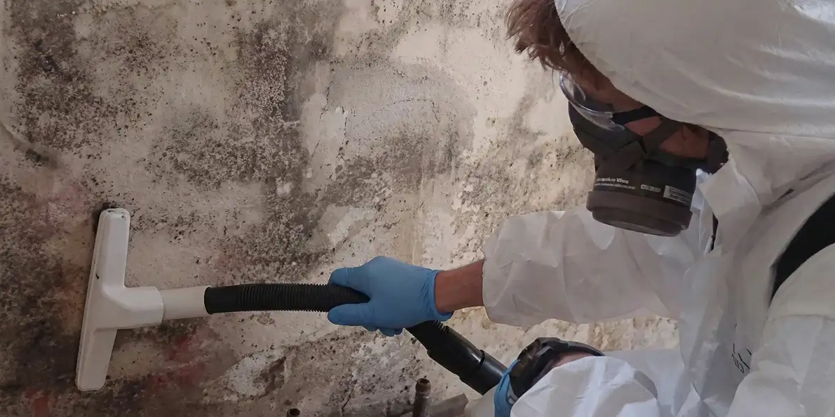 professional mold removal technician wearing protective equipment removing mold from a wall in Lakeland, FL